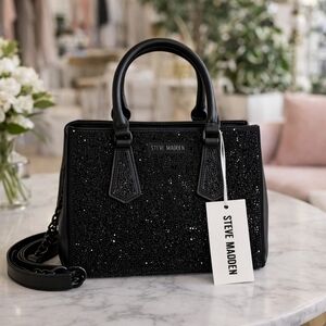 Steve Madden Black Glitter Satchel Handbag Faux Leather Women’s Bag NWT